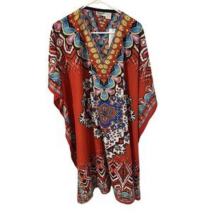 NWT Sante Classics Red Multicolor Dress Kaftan One Size NEW 40" x 44" India